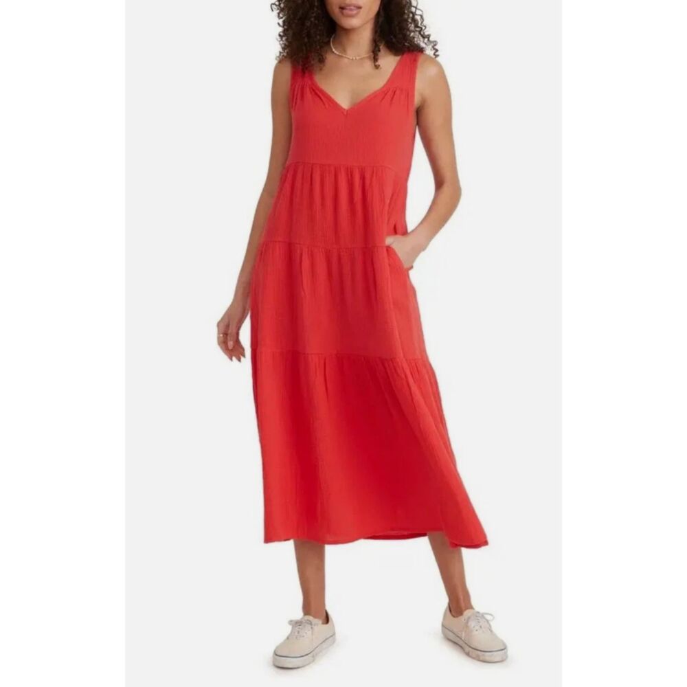 Marine Layer Coral Corinne Tiered Cotton Gauze V Neck Pocket Sundress Midi Sz M